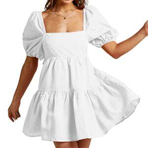 White mini babydoll dress. Square neckline. Short bubble sleeves. XXL Shy Velvet